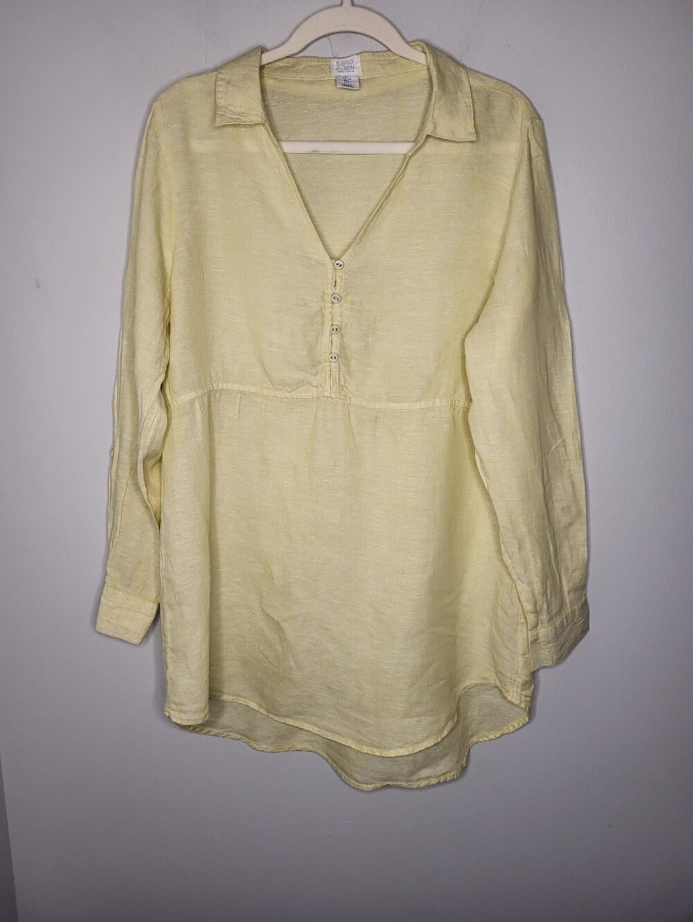 Sigrid Olsen 100% Linen Yellow Long Sleeve Tunic Length Blouse Size Large